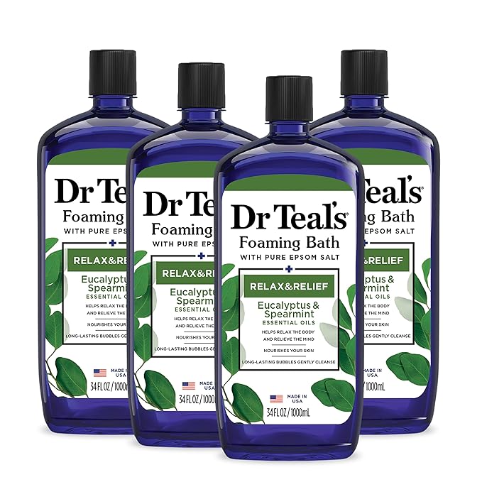 Dr Teal's Foaming Bath with Pure Epsom Salt, Relax & Relief with Eucalyptus & Spearmint, 34 fl oz (Pack of 4)