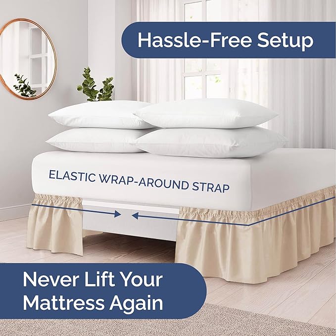 Wrap Around Dust Ruffle Bed Skirt – Cream - Twin/Twin XL Size Beds with 15 in. Drop – Easy Fit Elastic Strap - Pleated Bedskirt with Brushed Fabric - Wrinkle Free, Machine Wash - by CGK Linens