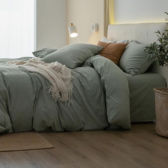 JIYUAN 100% Washed Cotton Duvet Cover Set 3 Pieces Oversized King, 1 Duvet Cover 120x98 Inches(Comforter Not Included) and 2 Pillowcases,Linen Feel Bedding Set Comfy and Breathable, Heathered Green