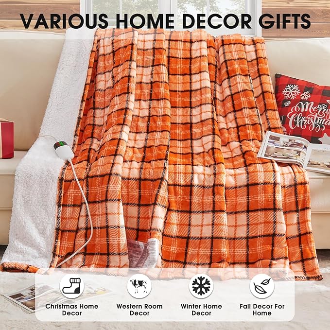 Heated Electric Blanket Full Size,72X84 Heating Blanket,Orange Plaid Soft Sherpa Blankets Warmer Gift for Grandma Women Adult,Fast Heating Washable