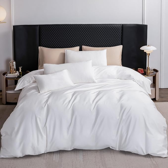 MooMee Duvet Cover Set 100% Extra Long Staple Cotton 600 Thread Count Silky Sateen Smooth Luxury Soft Breathable Durable Hotel Quality Bedding, 3 Pieces (White,California King 104"x98")