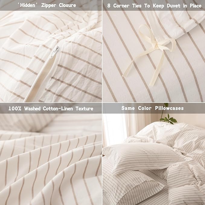 Stripe Duvet Cover Queen Size 90inch x 90inch,100% Washed Cotton Linen Feel Pinstripe Duvet Cover with Zipper Closure and 2 Pillowcases, Color of Off White and Linen Grey Stripe