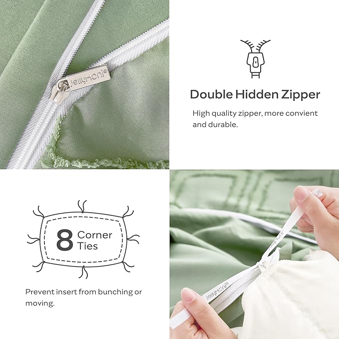 JELLYMONI Duvet Cover Full Size Light Green - 3PCS Boho Duvet Cover Set Plaid Polyester Tufted Bohemian Jacquard Knit Textured Comforter Cover 80×90in Rhombic Geometric Pattern Corner Ties & Zipper