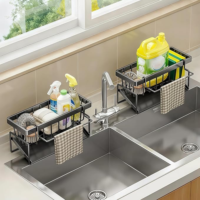 Sponge Holder for Kitchen, Sink Caddy Organizer Rack for Kitchen Accessories, Soap Dispenser Countertop Organizer Essentials for Home (Black)