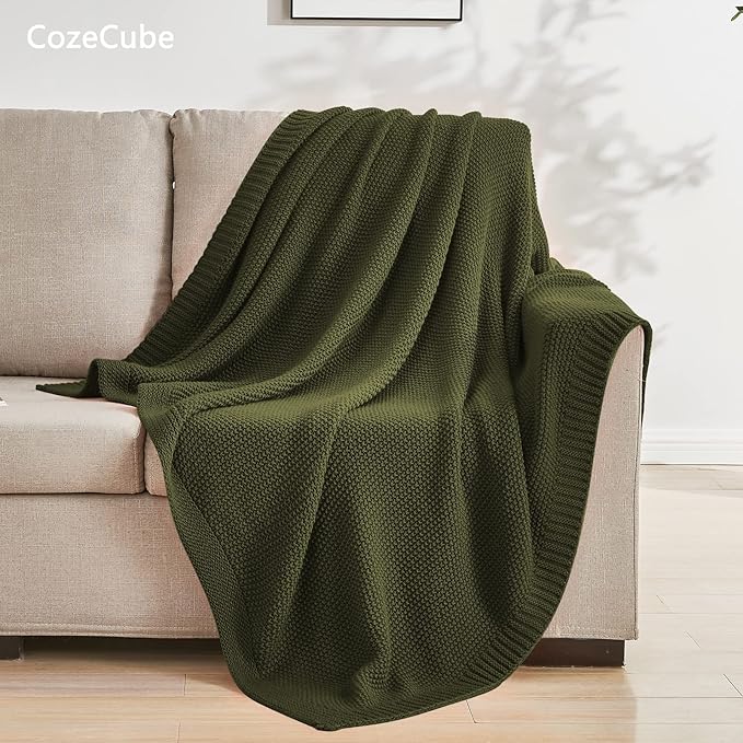 CozeCube Olive Green Throw Blanket for Couch, Soft Cozy Cable Knit Throw for Bed Sofa Living Room, Lightweight Warm Decorative Farmhouse Christmas Blanket, 50"x60", Olive Green