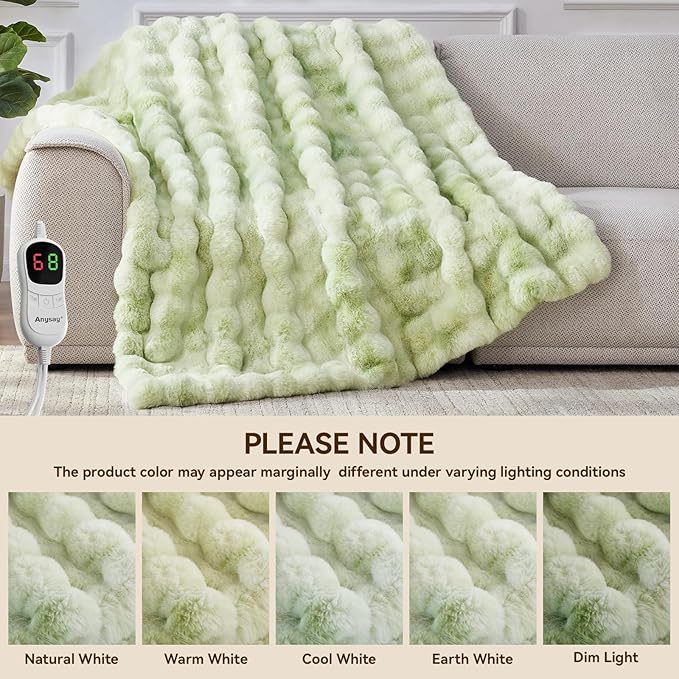 Heated Blanket Throw with 1/2/4/6/8 Hours Auto-Off 10 Heat Level, 62'' * 84'' Cozy Faux Rabbit Fur Bubble Electric Blanket with Overheat Protection(Tie-Dye Green)