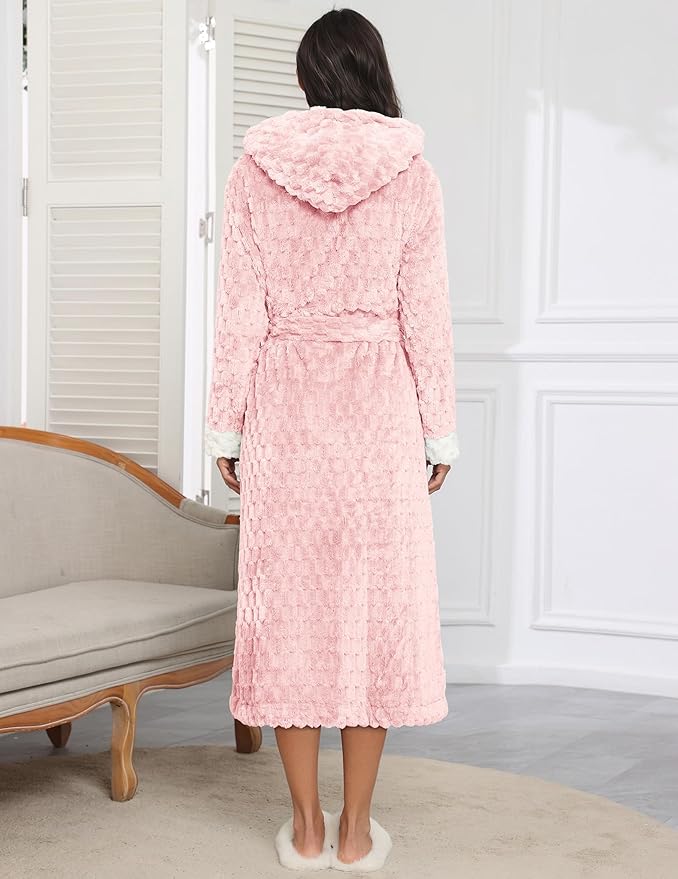 Ekouaer Womens Plush Robes Long Soft Jacquard Fluffy Bathrobe Hooded Robe Sleepwear with Pockets