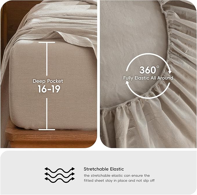 MooMee Bedding Sheet Set 100% Washed Cotton Linen Like Textured Breathable Durable Soft Comfy (Heathered Tannish Linen Grey, California King)
