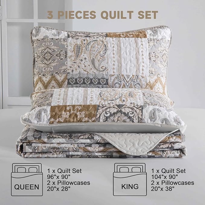 WONGS BEDDING Brown Quilt Set King Size, Patchwork Plaid Bedspread Bedding Sets Paisley Soft Microfiber Quilts for King Bed 3 Pieces Coverlet Set for All Season (104"x90")