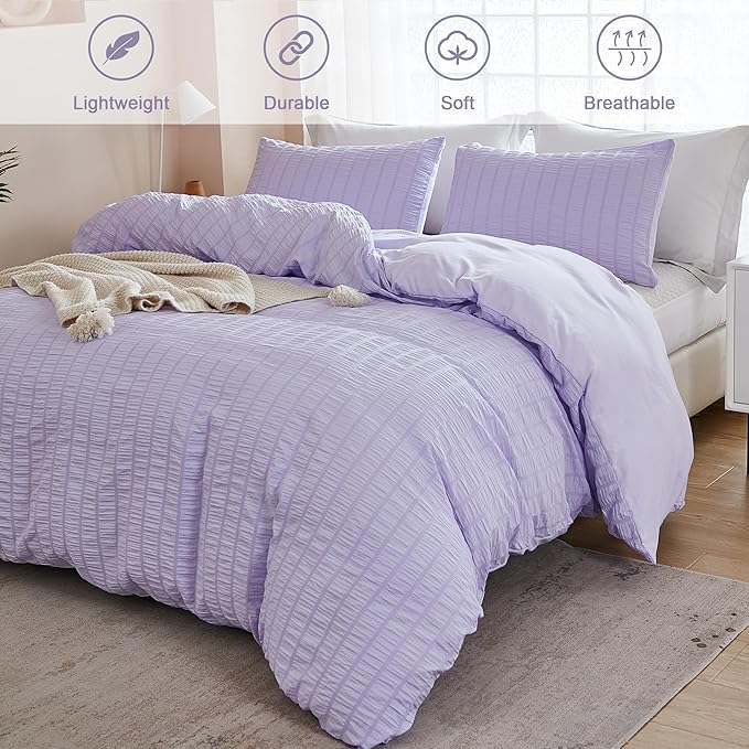 AveLom Lavender Purple Seersucker Duvet Cover Set King (104 x 90 inches), 3 Pieces (1 Duvet Cover + 2 Pillow Cases), Ultra Soft Washed Microfiber, Textured Duvet Cover with Zipper Closure, Corner Ties