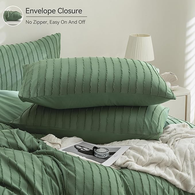 JELLYMONI Duvet Cover Queen Size Green - 3PCS Boho Striped Duvet Cover Set Polyester Tufted Bohemian Textured Comforter Cover 90×90in with Corner Ties & Zipper and 2 Pillowcases