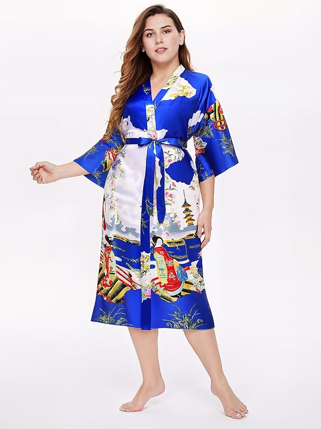 PRODESIGN Kimono Robe for Women - Long Satin Sleepwear Silky Kimono Cover-Up Nightgown Japanese Bathrobe Loungewear Blouse