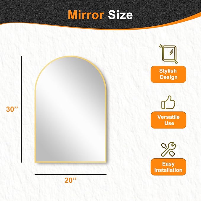 Delma Arched Bathroom Mirror, 20"x30" Wall Mounted Vanity Mirror for Bedroom, Living Room and Entryway, Gold
