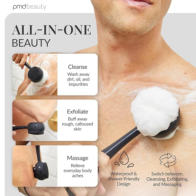 PMD Clean Body - Smart Body Cleansing Device with Silicone Brush & Three Interchangeable Attachments - Waterproof - SonicGlow Vibration - Cleanse, Exfoliate, & Massage Body