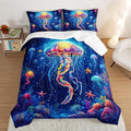 Fantasy Jellyfish Comforter Queen Bedding Sets for Girls Kids Toddlers,Coral Starfish Ocean Theme Bedroom Decor,Blue Underwater World Bedding Sets with 2 Pillowcases.