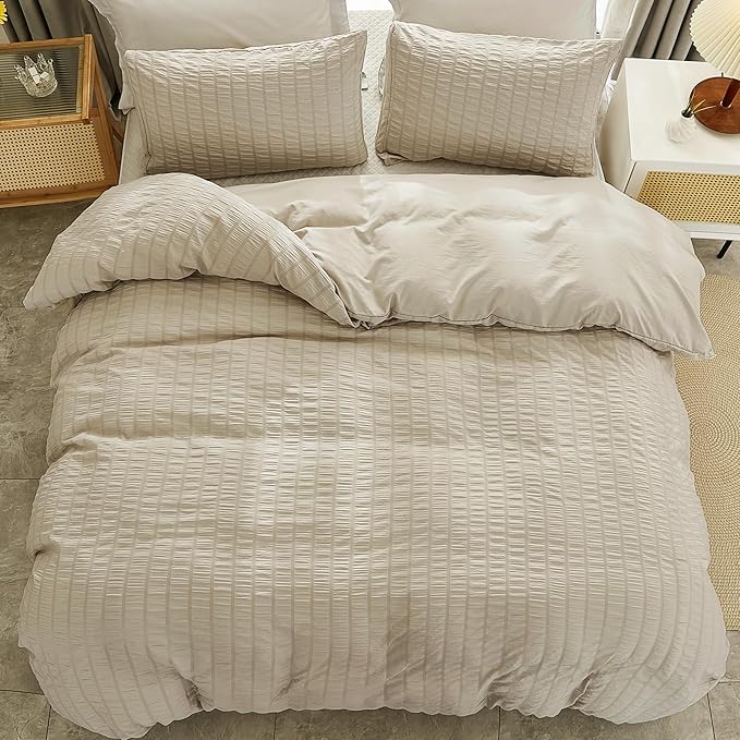 AveLom Beige Seersucker Duvet Cover Set Full Size (80 x 90 inches), 3 Pieces (1 Duvet Cover + 2 Pillow Cases), Ultra Soft Washed Microfiber, Textured Duvet Cover with Zipper Closure, Corner Ties