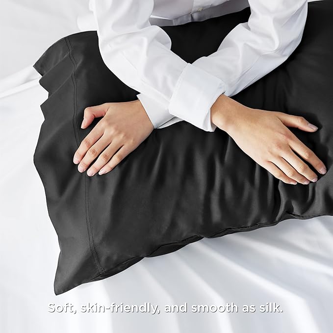 Bedsure Pillow Cases Queen, Cooling Pillow Cases, Rayon Derived from Bamboo Black Pillowcases Queen Size Set of 2, Silky Soft & Breathable Bedding Pillow Covers with Envelope Closure, 20x30 Inches