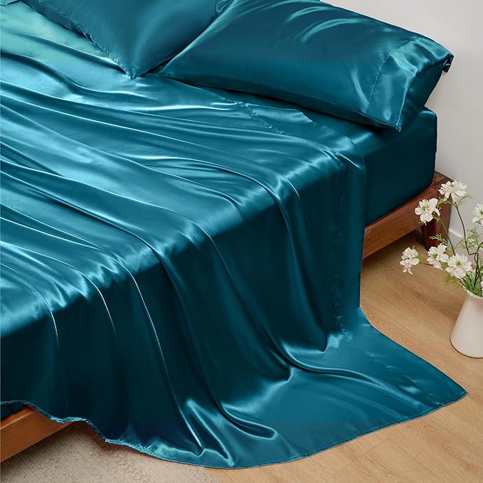 Bedsure Satin Sheets Full Size - 4 Piece Silky Bedsheets with 15 Inches Deep Pocket Fitted Bedsheet,1 Flat Sheet, 2 Satin Pillowcases, Good for Hair & Skin (Full, Teal)