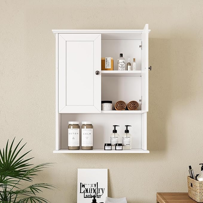 Medicine Cabinet, Over The Toilet Storage Cabinet, 24x30 Inch Wall Mount Bathroom Storage Cabinet with 2 Doors & Adjustable Shelf, Wooden Bathroom Wall Cabinet, White