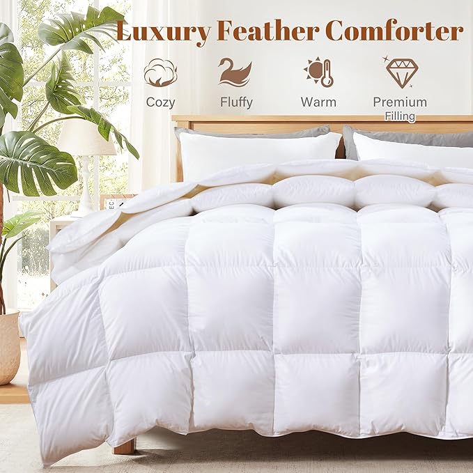Cosybay Queen Size Feather Down Fiber Comforter - Ultra Fluffy 100% Cotton Duvet Insert, All Season Hotel Luxury Bedding with Corner Tabs, 90"x90" White
