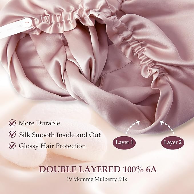 Silk Bonnet for Sleeping Women, 100% Mulberry Silk Sleep Cap with Elastic Band, Real Mulberry Shower Cap on Both Sides, Rose Pink