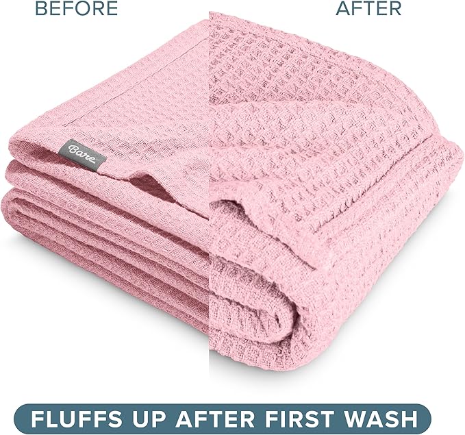 Bare Home Light Pink Waffle Blanket, Extra Long - 66Wx90L, 100% Cotton, Soft & Breathable Blanket for All Seasons, Lightweight, Perfect for Layering Bed, Sofa & Couch (Twin/Twin XL, Light Pink)