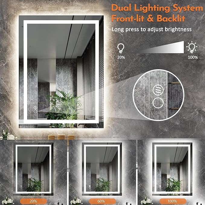 LED Bathroom Mirror with Backlit & Front Light, 40"x32" Anti-Fog, Memory Function, Dimmable Color & Brightness,CRI90+, IP54 Waterproof, Horizontal/Vertical, Wall Mounted