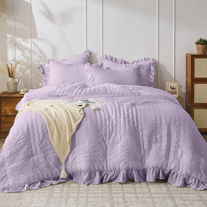 JOLLYVOGUE Lavender King Comforter Set, 3 Pieces Seersucker Comforters King Size, Lightweight & Fluffy Bedding Sets King for All Season with 1 Ruffle Comforter and 2 Ruffle Pillowshams
