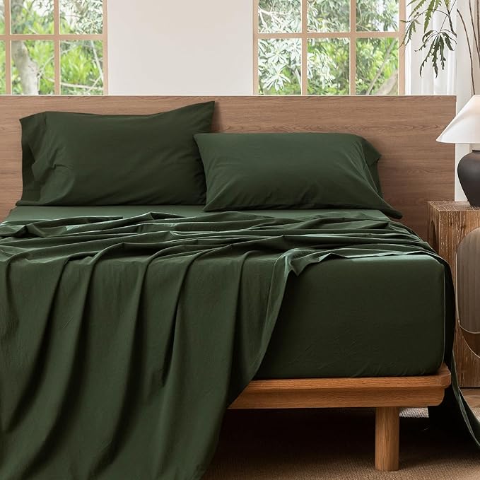 MooMee Bedding Sheet Set 100% Washed Cotton Linen Like Textured Breathable Durable Soft Comfy (Solid Forest Green, Full)