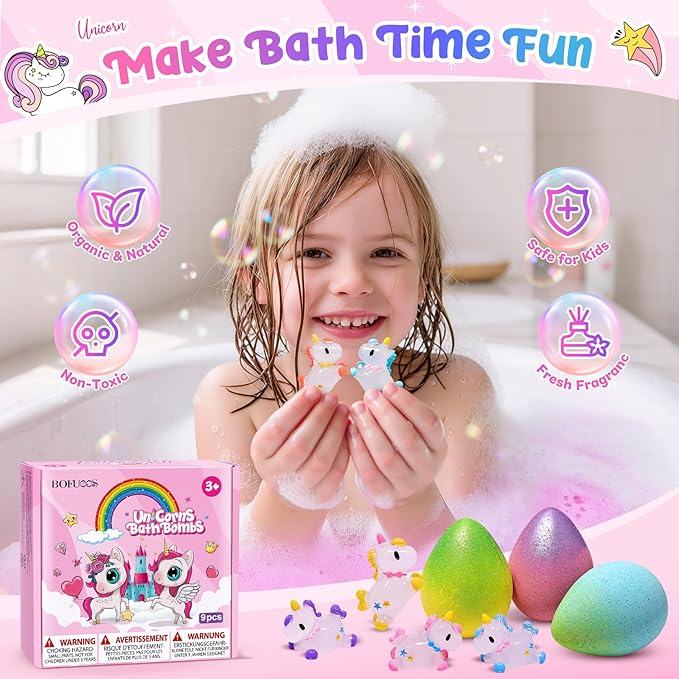 Unicorn Bath Bombs with Surprise Toys Inside, 9 Packs Bubble Bath Bomb for Kids Girls, Christmas Birthday Gifts for Girls, Stocking Stuffers for Kids (36+ Months)