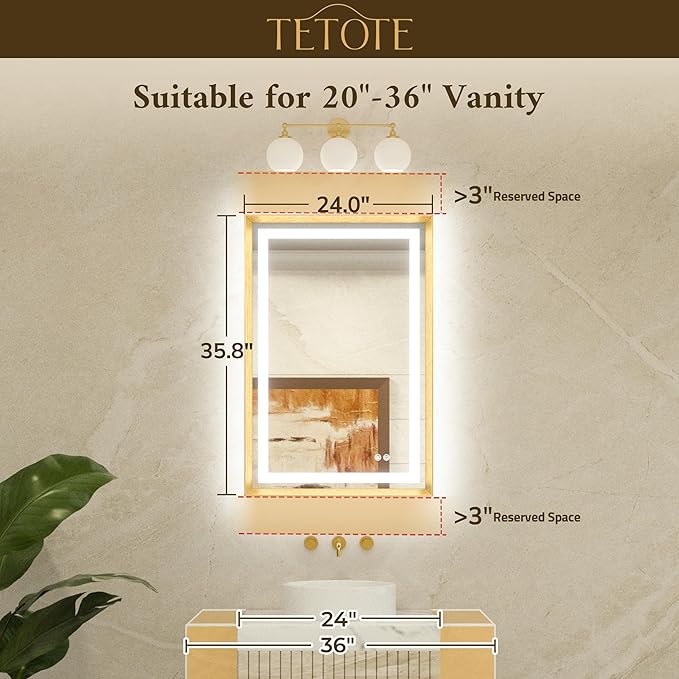 TETOTE 24 x 36 Bathroom LED Mirror Brushed Black Metal Frame Frontlit & Backlit Vanity Mirror Anti-Fog Stepless Dimmable 3 Colors White/Warm/Natural Mirror with Lights Wall-Mounted