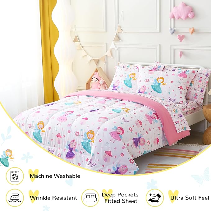 Viviland Kids Full Bedding Sets for Girls, Soft Full Comforter Set with Sheets, 7 Pieces Microfiber Bed in a Bag, Fairy Mushroom