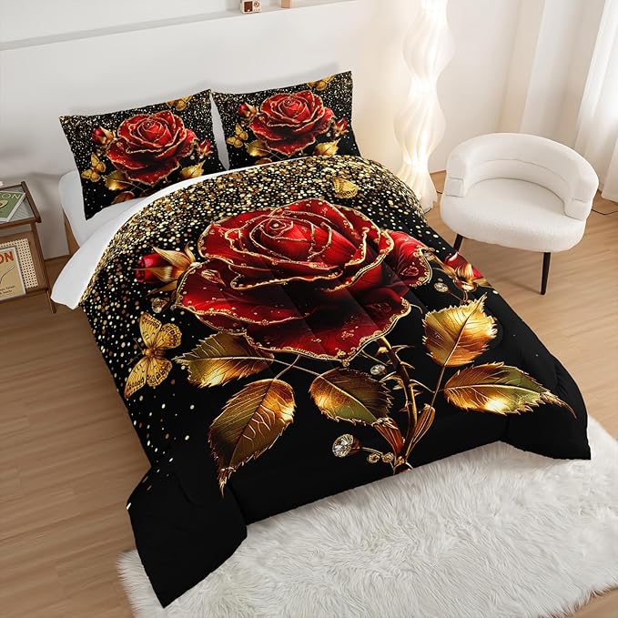 Gold Red Rose Comforter Set Full Size,Golden Glitter Butterfly Pattern Bedding for Girls Women Couple Lover,Romantic Floral Themed Bedding Set with 2 Pillowcases.