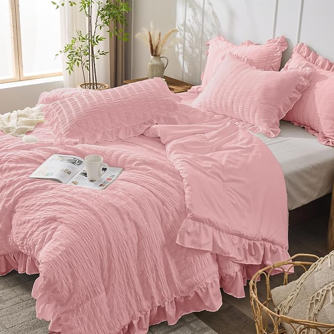 JOLLYVOGUE Pink Seersucker Queen Comforter Set, 3 Pieces Bed in a Bag Comforter Set, Lightweight & Fluffy Bedding Sets Queen for All Season with 1 Ruffle Comforter and 2 Ruffle Pillowshams