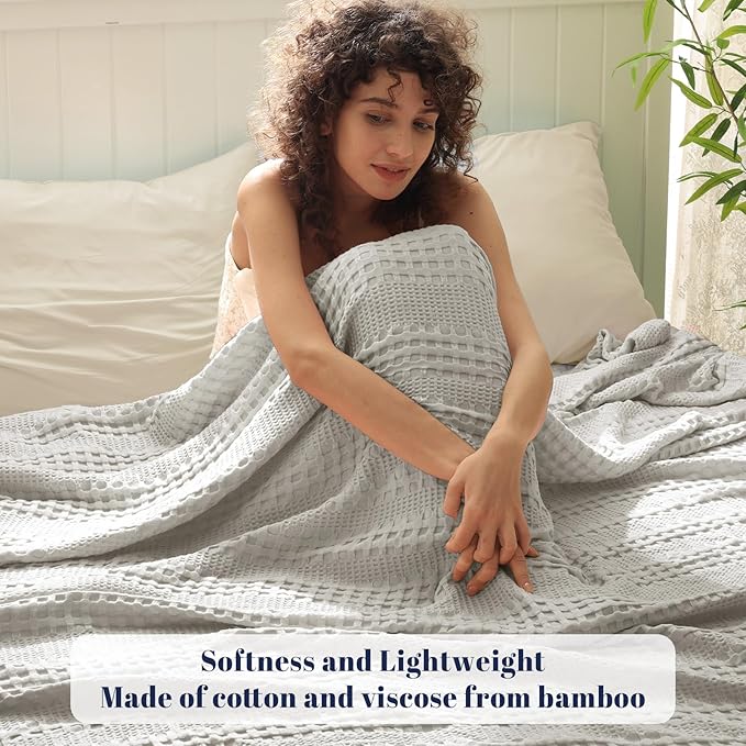 PHF Cooling Waffle Blanket Queen Size, Lightweight 60% Rayon Derived from Bamboo & 40% Cotton Breathable Blanket for Hot Sleepers, Soft and Luxury for Bed Couch and Sofa, 90"x90", Grey