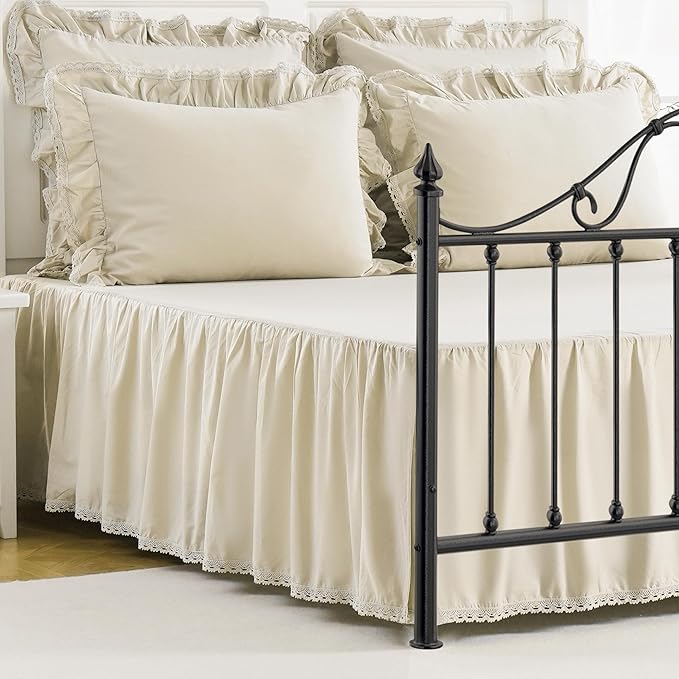 Queen Size 14 inch Drop Ivory Dust Ruffle, 100% Lightweight Cotton Ruffled Bed Skirt, French Coutry Style, Lace Ruffled Bed Skirt with Split Corners