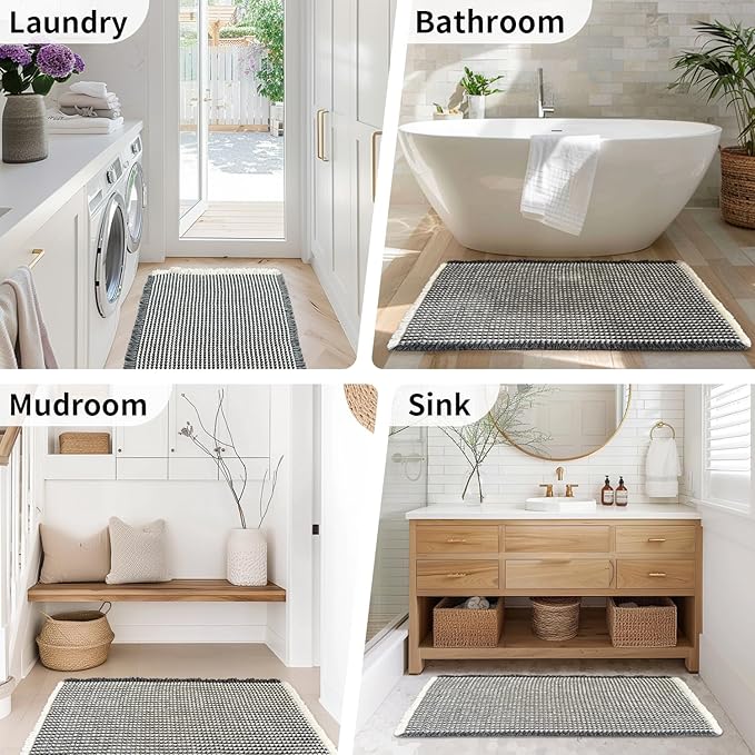 Waffle Runner Bath Mat - Long Boho Bathroom Rugs Non Slip Washable, Super Absorbent & Quick Dry, Soft Bath Mat Farmhouse Bathroom Decor, 24'' x 72'', Dark Grey and White