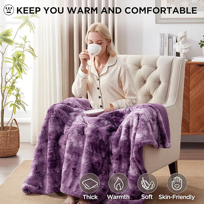 Westinghouse Electric Heated Throw Blanket, Faux Fur with 6 Heating Levels & Auto Off, Soft Cozy Sherpa Washable Blanket (50" x 60", Purple)