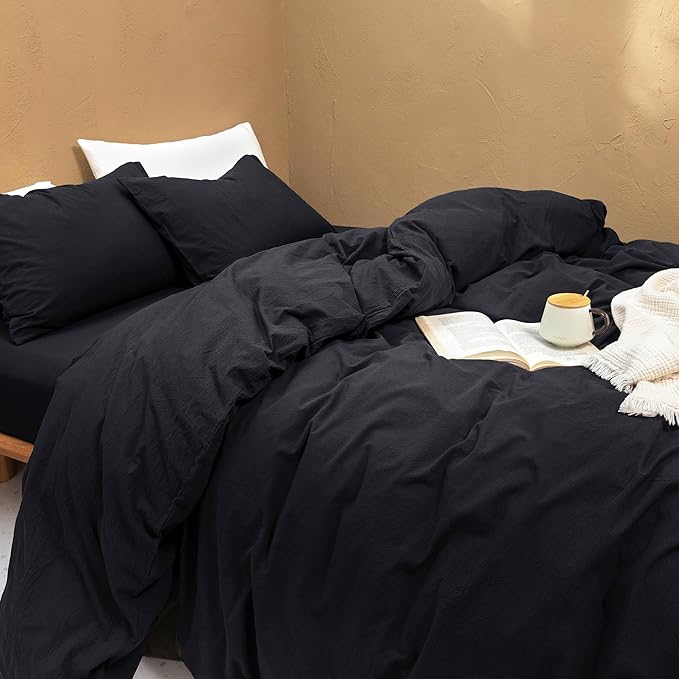 FOSSA Duvet Cover Set 100% Washed Cotton Linen Feel Super Soft Breathable Cozy 3 Pieces Bedding Sets Solid Black Super King Plus