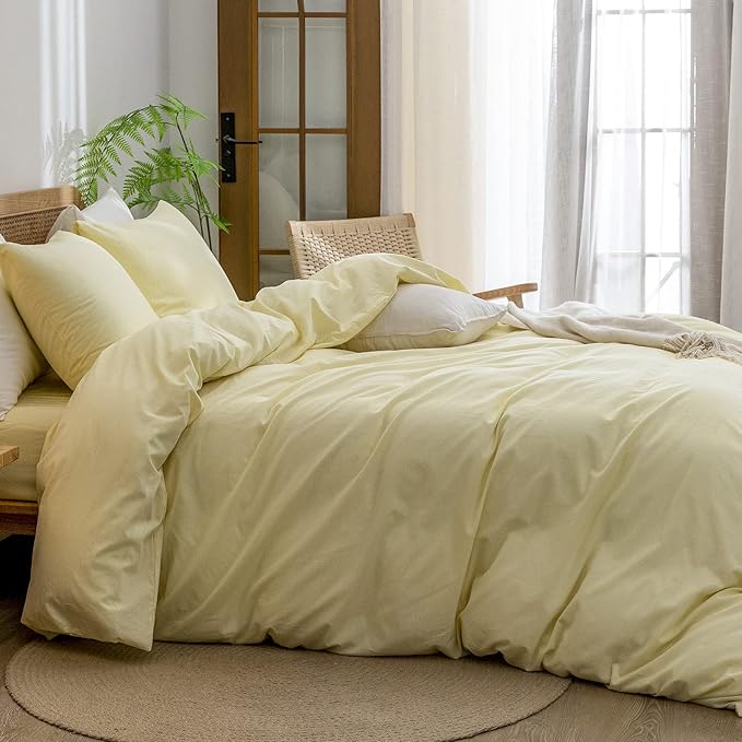 BESTOUCH Duvet Cover Set 100% Washed Cotton Linen Feel Super Soft Comfortable Chic Lightweight 3 PCs Home Bedding Set Solid Light Yellow Full/Double