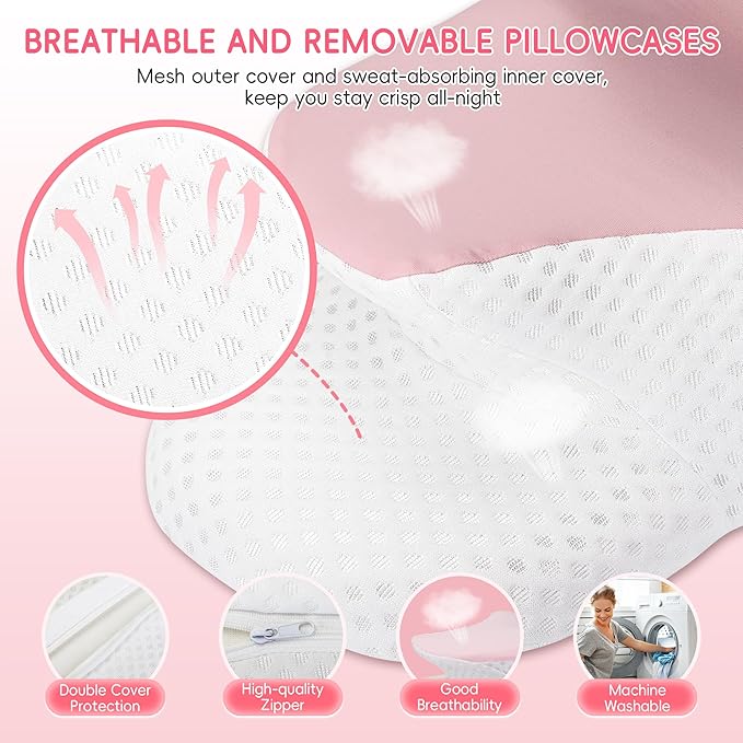 Cervical Neck Pillow for Pain Relief, Ergonomic Contour Pillow for Sleeping, 2 Heights Cooling Pillow for Neck and Shoulder Support, Memory Foam Orthopedic Pillow for Side Back Stomach Sleepers Pink