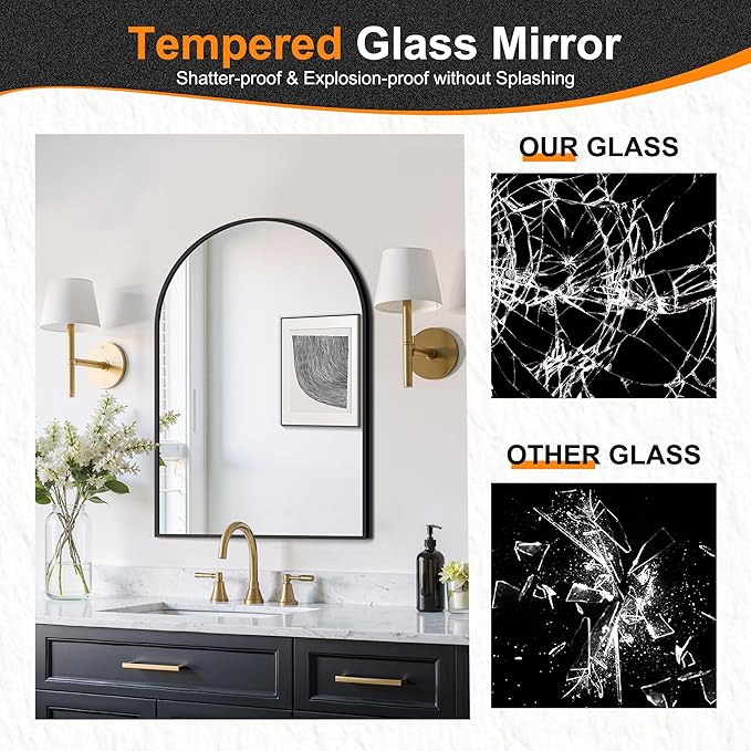 Delma Arched Bathroom Mirror, 24"x36" Wall Mounted Vanity Mirror for Bedroom, Living Room and Entryway, Black