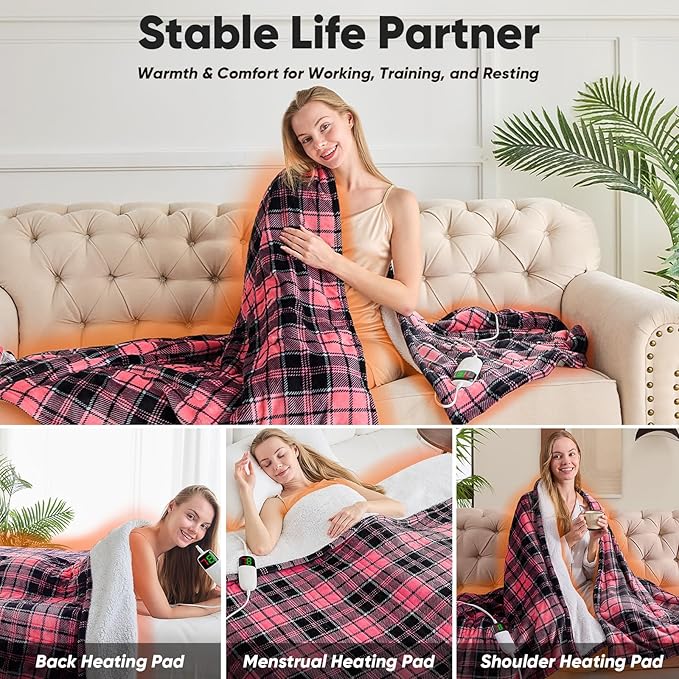 Pink Heated Blanket Electric Throw, 50X60, Heating Throw with 10 Levels & 8 Hours Auto Off, Plaid Checkered Sherpa Blanket Warmer Gifts for Women Mom Trendy Teen Girl, Home Decor for Living Room