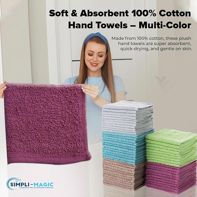 Simpli-Magic Cotton Wash Cloths 12"x12" (50 Pack) – Highly Absorbent Soft Towels for Bathroom – Commercial Terry Washcloth for Face, Hand, Bath, Kitchen, Gym & Hotel (Multicolor)