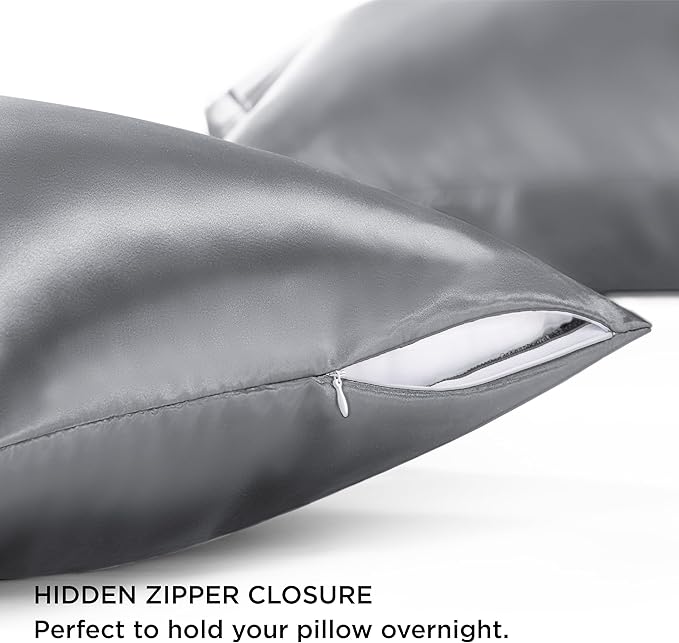 Bedsure Satin Pillowcase with Zipper, Similar to Silk Pillow Cases 2 Pack, Silky & Soft Satin Pillow Cases Standard Size for Hair and Skin, Dark Grey Pillow Covers, Gifts for Women Men, 20x26 Inches