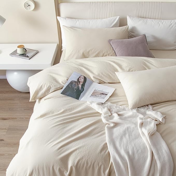 JIYUAN 100% Washed Cotton Duvet Cover Set 3 Pieces Oversized Queen, 1 Duvet Cover 98x98 Inches(Comforter Not Included) and 2 Pillowcases,Linen Feel Bedding Set Comfy and Breathable,Heathered Beige