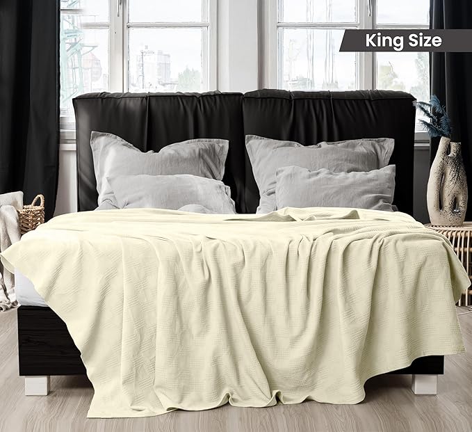 Utopia Bedding Ivory 100% Cotton Blanket [King Size - 90x108 Inch] 350GSM Lightweight, Soft and Breathable Thermal Blanket for All Seasons