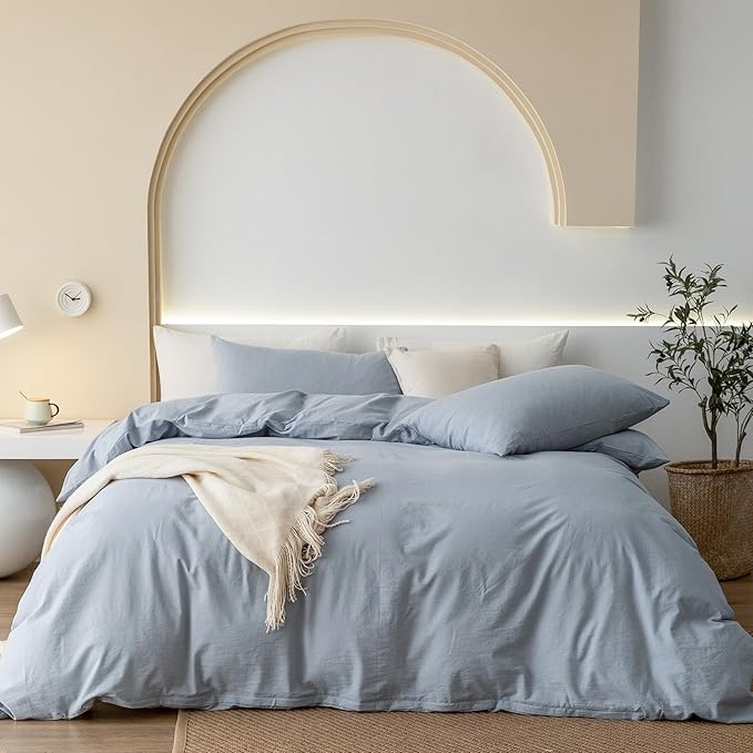 JIYUAN 100% Washed Cotton Duvet Cover Set 3 Pieces Cal King, 1 Duvet Cover 104x98 Inches(Comforter Not Included) and 2 Pillowcases,Linen Feel Bedding Set Comfy and Breathable, Heathered Light Blue