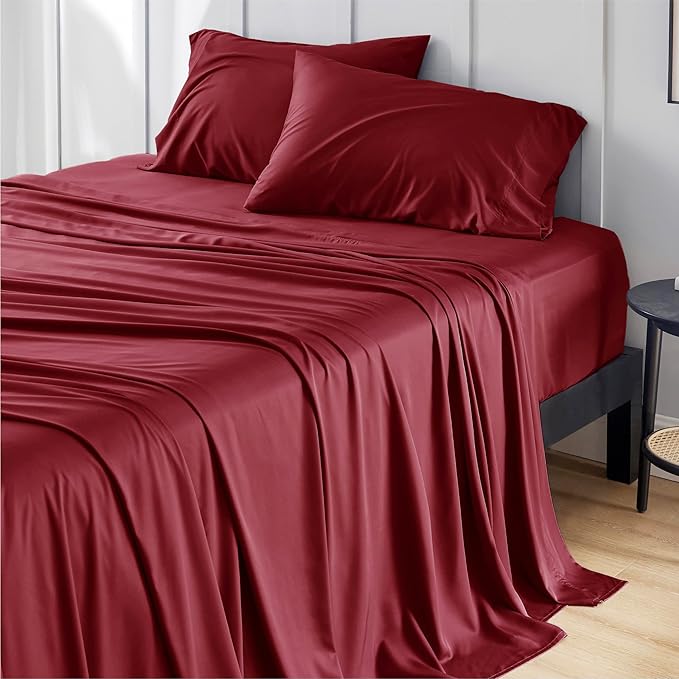 Bedsure Twin Sheets Set, Cooling Sheets Twin Size Bed Set, Rayon Derived from Bamboo, Twin Size Sheets, Breathable & Soft Bed Sheets, Hotel Luxury Silky Bedding Sheets & Pillowcases, Burgundy