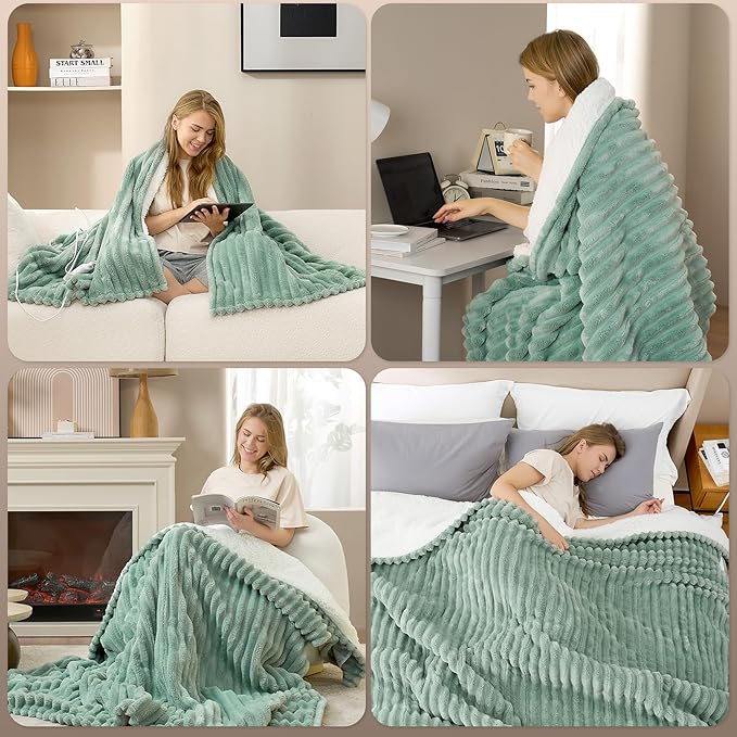 Hansleep Heated Blanket King Size Electric Throw Dual Control, Heating Blanket with 9 Heating Levels and 10-Hour Timer Auto Shut Off, Washable Soft Warm Winter Blanket, 90 x 100 Inches, Green
